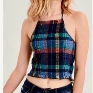 American Eagle plaid smocked Crop Halter Top
